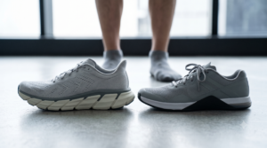 ランニングシューズ（厚底クッション、高いドロップ）とトレーニングシューズ（薄底、フラット）のソール構造比較写真。