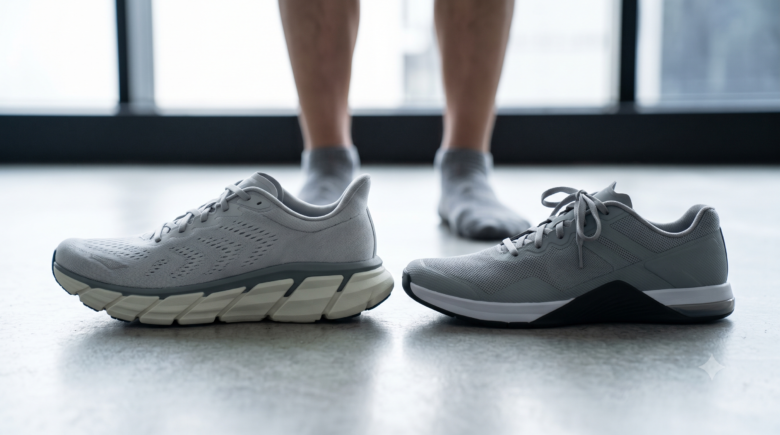 ランニングシューズ（厚底クッション、高いドロップ）とトレーニングシューズ（薄底、フラット）のソール構造比較写真。