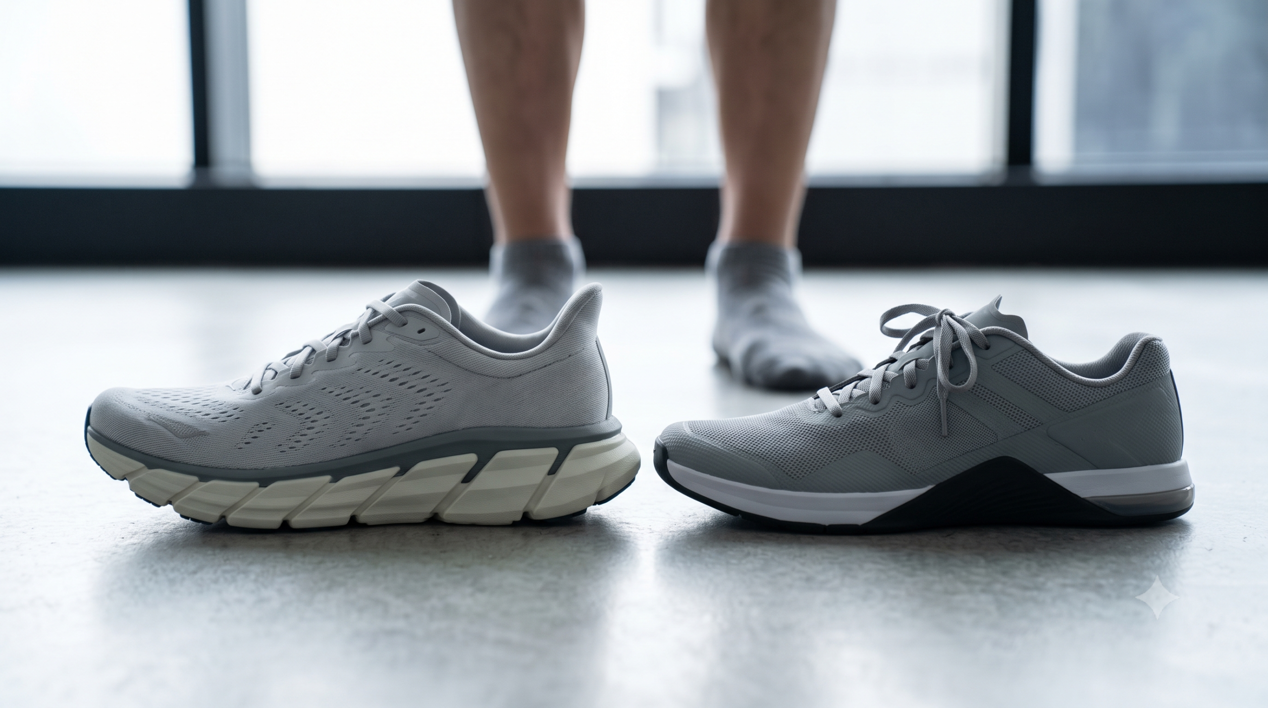 ランニングシューズ（厚底クッション、高いドロップ）とトレーニングシューズ（薄底、フラット）のソール構造比較写真。