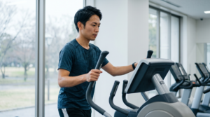 故障中の日本人ランナーが心肺機能維持のためにジムでクロストレーナーを使用する様子