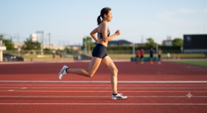 薄底シューズで美しいミッドフット着地をする日本人女性ランナー