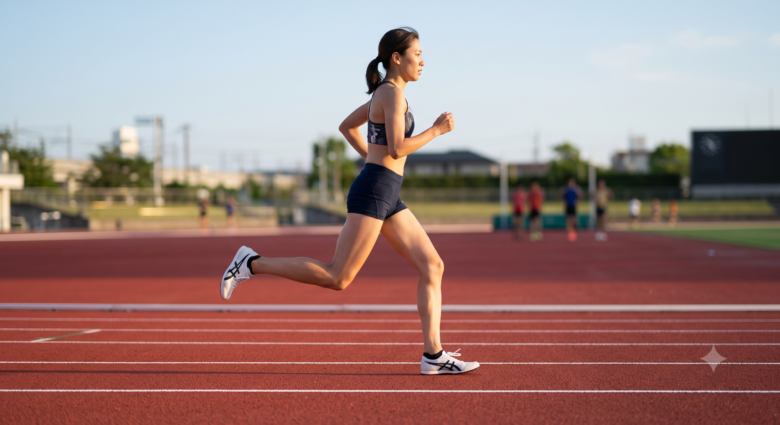 薄底シューズで美しいミッドフット着地をする日本人女性ランナー