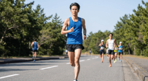 マラソンを走る細く引き締まった体型の日本人男性ランナー。遅筋優位の持久力に優れた体型を表現。