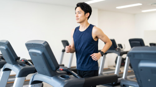 ジムの明るい有酸素エリアで、最新のランニングマシンを使い、真剣な表情でランニングをする日本人男性。