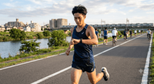 スマートウォッチで心拍数を確認しながら快適にランニングを行う日本人のランナー