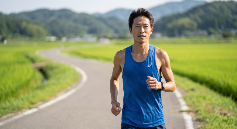 週末の郊外を、持久力強化のために安定したペースで走る日本人ランナー。