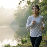朝霧が立ち込める静かな湖畔を、リラックスした表情で一定のペースで走る日本人女性ランナー。低強度であることを強調する。