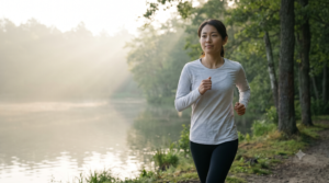 朝霧が立ち込める静かな湖畔を、リラックスした表情で一定のペースで走る日本人女性ランナー。低強度であることを強調する。