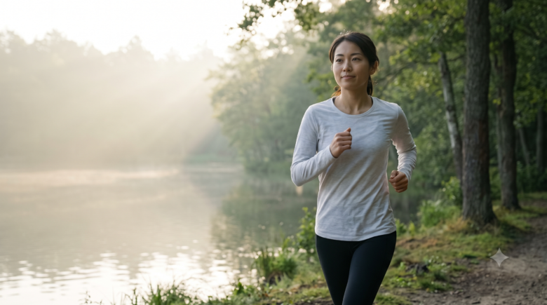朝霧が立ち込める静かな湖畔を、リラックスした表情で一定のペースで走る日本人女性ランナー。低強度であることを強調する。