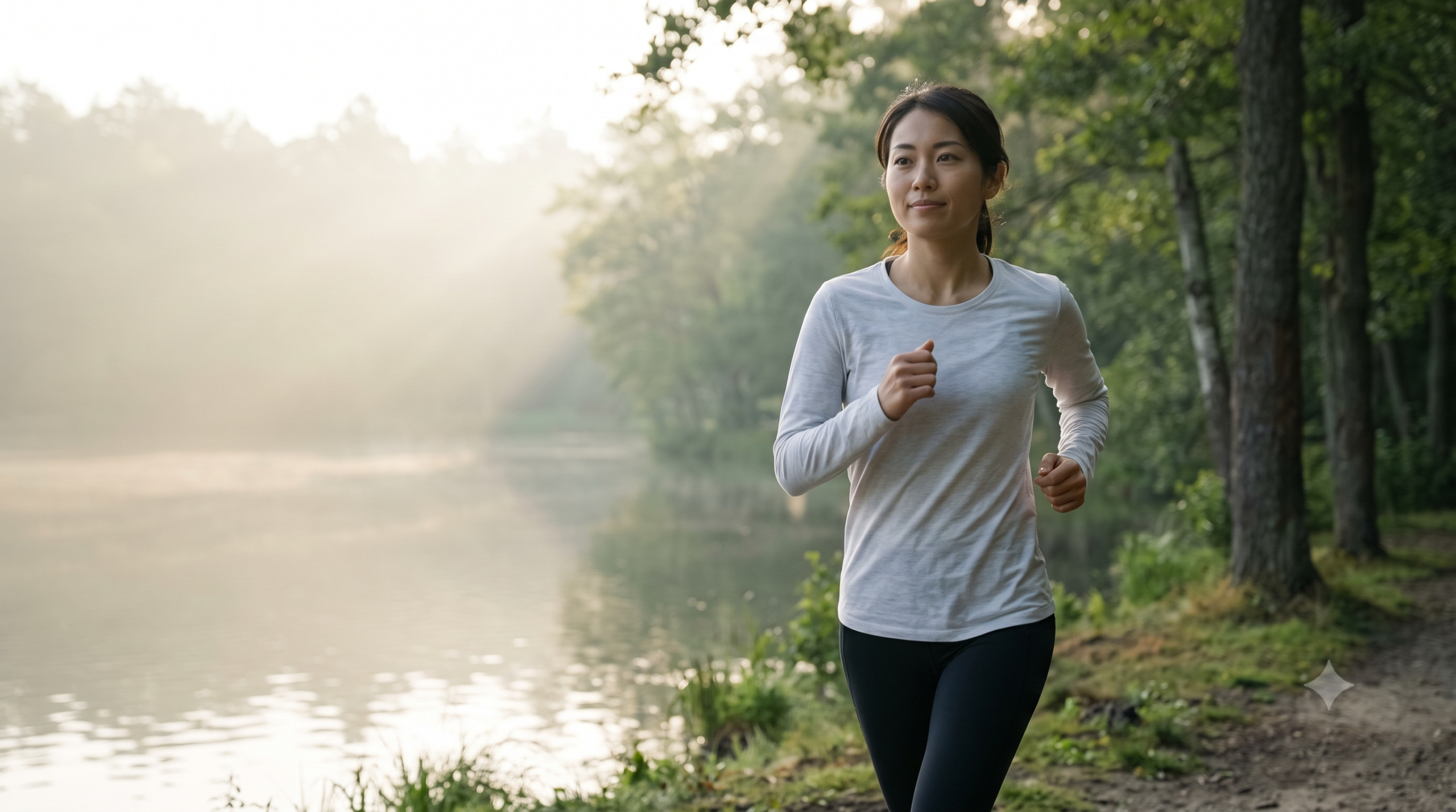 朝霧が立ち込める静かな湖畔を、リラックスした表情で一定のペースで走る日本人女性ランナー。低強度であることを強調する。