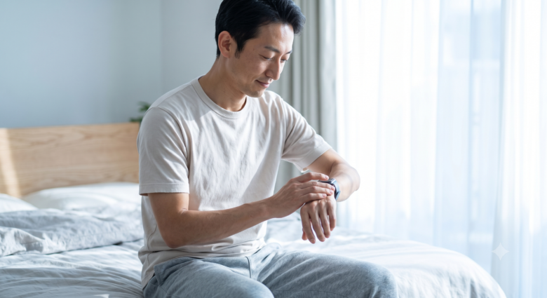 朝、寝室で起床直後にスマートウォッチで安静時心拍数を確認する日本人男性ランナー。