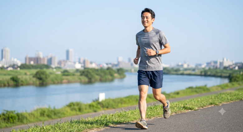 川沿いの道をリラックスした笑顔で長く走る、鍛えられた日本人男性ランナー。