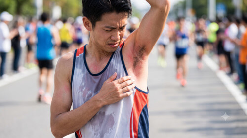 マラソン中、ウェアと擦れて赤くなった脇を痛そうにする日本人男性ランナー。摩擦トラブルの様子。