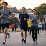 皇居周辺を走る多様な年齢層の日本人ランナーの集団。手前の20代から奥の60代まで、真剣な表情で走っている。年代別の達成率の違いや、シニア層も含めたランナーの多様性を表現。