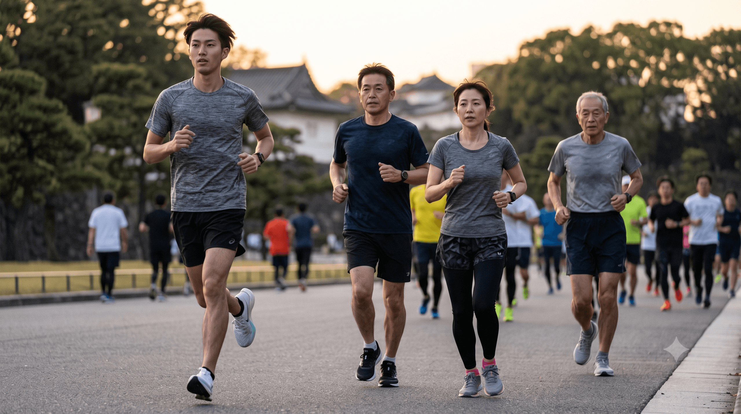 皇居周辺を走る多様な年齢層の日本人ランナーの集団。手前の20代から奥の60代まで、真剣な表情で走っている。年代別の達成率の違いや、シニア層も含めたランナーの多様性を表現。