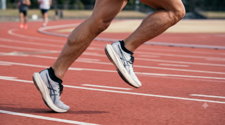 陸上トラックでスピード持久力を鍛える日本人男性ランナーの足元。