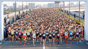 フルマラソンのスタートゲートを通過する日本人先頭ランナーと、背後に続く大勢の一般ランナーの海。上位4%のサブスリーの壁に挑む壮大な景色。