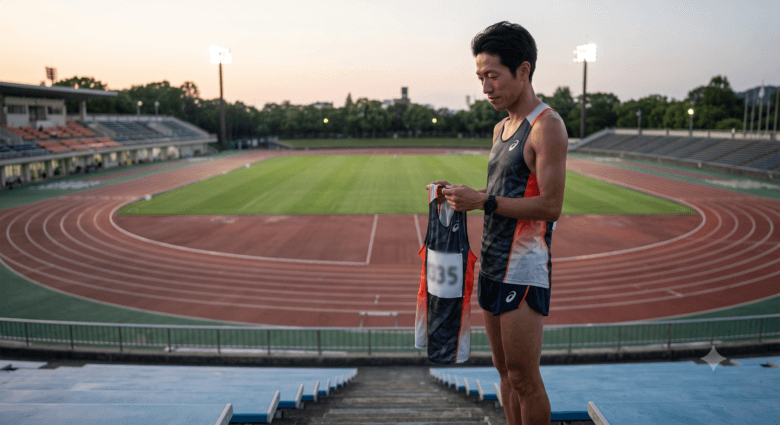 大会に向けて調整を終え、自信を持ってスタジアムを見つめる日本人ランナー。