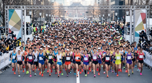 大規模な日本の市民マラソン大会のスタート地点で、大勢の日本人ランナーが密集して走り出す様子。男性ランナーが多数を占めている。