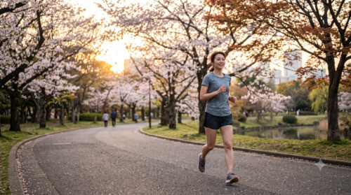 自然豊かな公園の小道を、笑顔でリラックスしてゆっくりとジョギングする日本人の女性ランナー。夕暮れ時の温かい光が差し込んでいる。