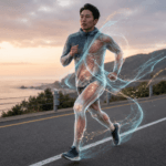 夕暮れのロードを走る日本人男性ランナーの脚の内側で、筋肉が分解されエネルギーに変わる様子を抽象的に表現した生理学的イメージ。