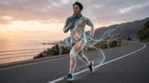 夕暮れのロードを走る日本人男性ランナーの脚の内側で、筋肉が分解されエネルギーに変わる様子を抽象的に表現した生理学的イメージ。