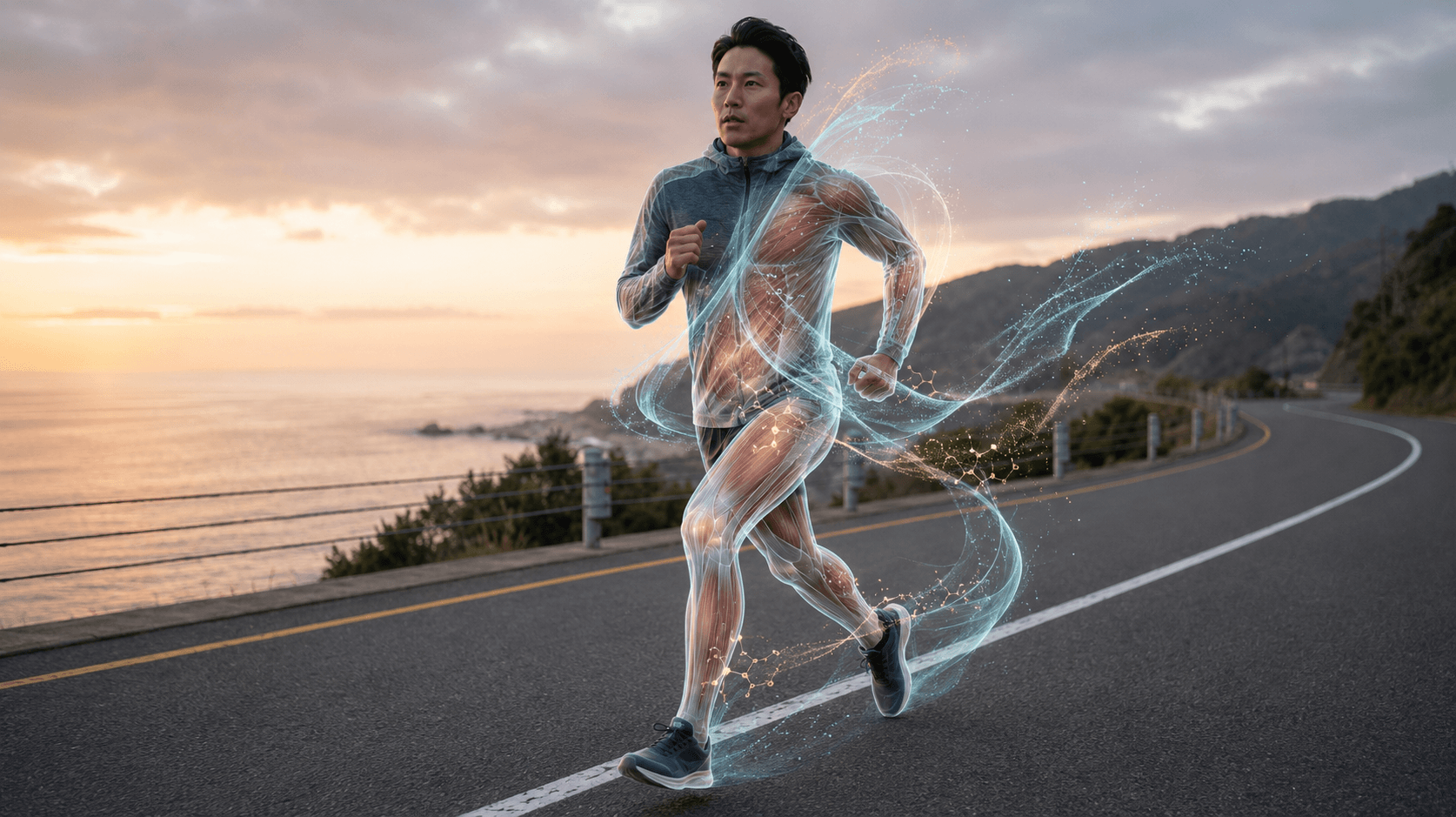 夕暮れのロードを走る日本人男性ランナーの脚の内側で、筋肉が分解されエネルギーに変わる様子を抽象的に表現した生理学的イメージ。