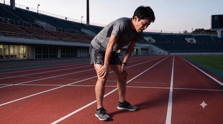 フルマラソンのトレーニングでインターバル走後に苦悶の表情で立ち止まるランナー