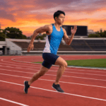 陸上競技場のトラックで400mを疾走する日本人男性ランナー