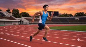 陸上競技場のトラックで400mを疾走する日本人男性ランナー