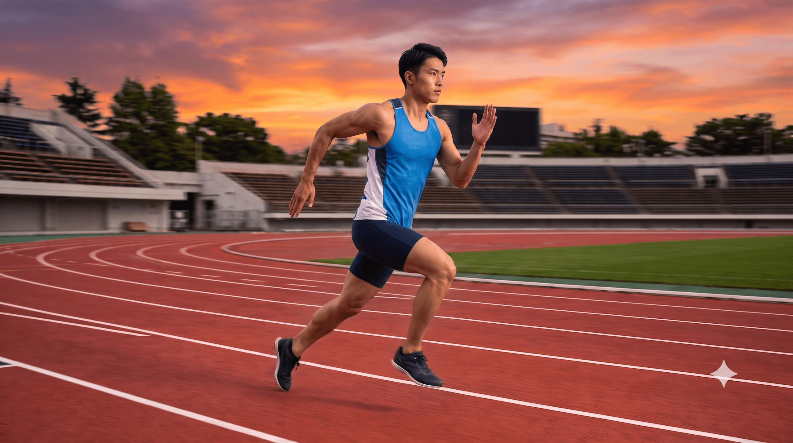 陸上競技場のトラックで400mを疾走する日本人男性ランナー