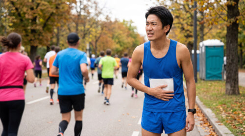 マラソン大会のコース上で、腹痛を抱えて苦しそうな表情で立ち止まる日本人男性ランナー。