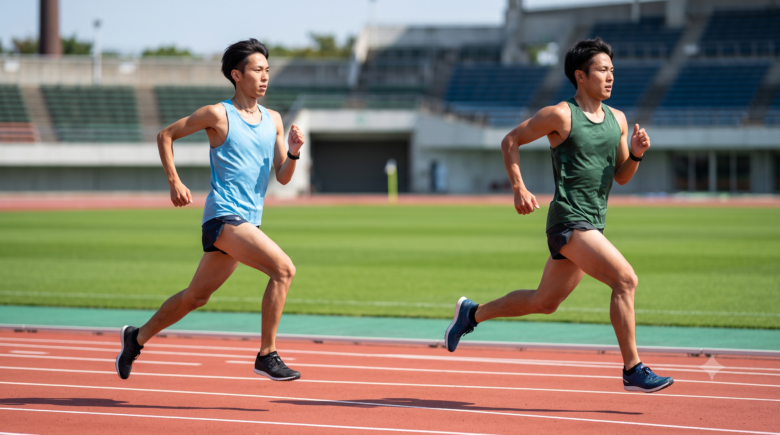 陸上競技場のトラックで走る、体格の異なる2人の日本人男性ランナー