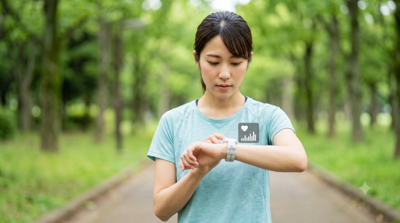 緑豊かな公園で走る手を止め、左腕のGPSウォッチを真剣に見る日本人女性ランナー。ウォッチの画面は心拍数のグラフのようなものを示している。