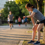 ランニング直後、公園の木に寄りかかり疲労困憊で座り込む日本人女性ランナー。ストレッチをせず休息している様子。