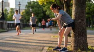 ランニング直後、公園の木に寄りかかり疲労困憊で座り込む日本人女性ランナー。ストレッチをせず休息している様子。