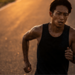 マラソンで老ける原因となる、夕暮れ時のハードトレーニングで疲労困憊の日本人男性シリアスランナー
