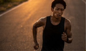 マラソンで老ける原因となる、夕暮れ時のハードトレーニングで疲労困憊の日本人男性シリアスランナー
