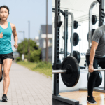遅筋（ランニング）と速筋（ウエイトトレーニング）の違いを対比する日本人男女の画像。筋肉タイプによる運動特性を表現。