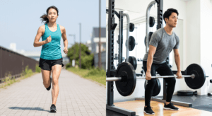 遅筋(ランニング)と速筋(ウエイトトレーニング)の違いを対比する日本人男女の画像。筋肉タイプによる運動特性を表現。