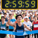 マラソンのゴールで、3時間切り達成を喜び、タイマーを指差す日本人男性ランナー。
