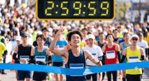 マラソンのゴールで、3時間切り達成を喜び、タイマーを指差す日本人男性ランナー。