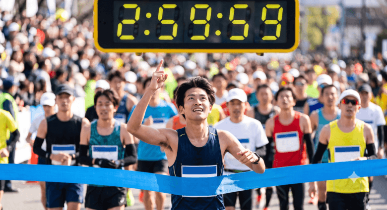 マラソンのゴールで、3時間切り達成を喜び、タイマーを指差す日本人男性ランナー。