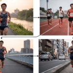 早朝の公園を、サブスリー達成を目指して走る日本人ランナー。