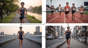 早朝の公園を、サブスリー達成を目指して走る日本人ランナー。