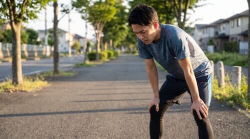 屋外で走った後、疲労から膝に手を置いてうつむき息を整える日本人ランナーの男性