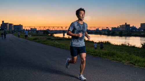 夕方の河川敷で、激しい息苦しさに耐えながら黙々と長距離の走り込みをする30代の日本人男性市民ランナー