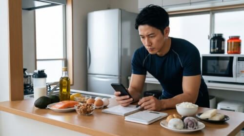 ケトジェニックダイエット中にトレーニングの出力低下や減量停滞に悩み、スマホで「カーボローディング」を調べる日本人男性