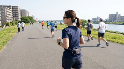 ランニング中にサングラスを着用して走る日本人女性と、視線を送ることなくそれぞれのペースで過ごす周囲の歩行者やランナーたち